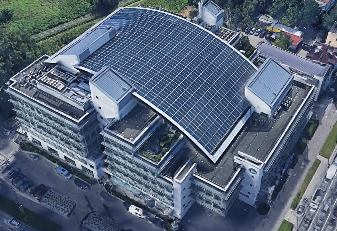 Budynek biurowy „Media Business Centre” w Warszawie przy ul. Powsińskiej 4 (obecnie siedziba DISCOVERY/TVN24) - widok na cały budynek „z lotu ptaka”